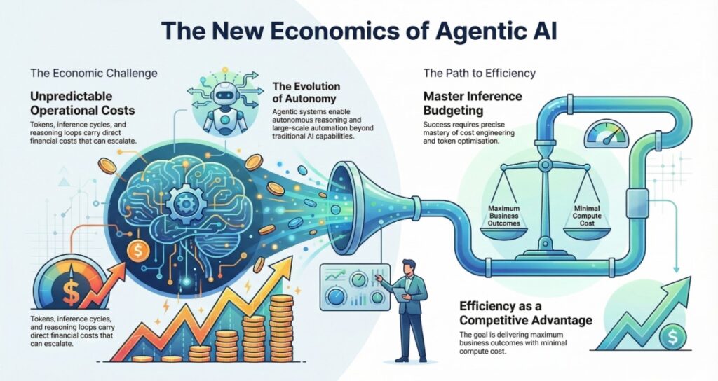 A conceptual infographic titled "The New Economics of Agentic AI." It features a central illustration of a glowing digital brain connected to a funnel that converts complex data circuits into gold coins. On the left, a section titled "The Economic Challenge" describes unpredictable operational costs with a gauge showing rising financial symbols. On the right, "The Path to Efficiency" displays a mechanical balance scale weighing "Maximum Business Outcomes" against "Minimal Compute Cost," connected by green and blue pipes. A small robot icon labeled "The Evolution of Autonomy" and a professional figure standing by a control panel are also visible.