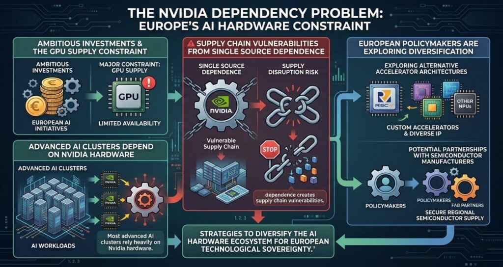 Infographic titled "The Nvidia Dependency Problem: Europe’s AI Hardware Constraint." It illustrates the vulnerability of European AI clusters relying on a single GPU source, showing supply chain disruption risks. The right panel depicts strategy shifts by policymakers toward diversifying the ecosystem through alternative accelerator architectures, RISC-V, and new semiconductor manufacturing partnerships.