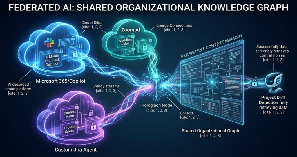 Infrastructure visualization of a "Shared Organizational Knowledge Graph." It shows glowing data streams from Microsoft 365, Zoom, and Jira silos converging into a central "Persistent Context Memory" node for enterprise-wide data retrieval.