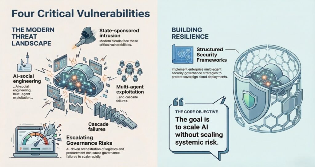 A split-panel infographic titled "Four Critical Vulnerabilities" comparing modern threats to building resilience.Left Panel (The Modern Threat Landscape): Illustrates four risks—AI-social engineering, State-sponsored intrusion, Multi-agent exploitation, and Cascade failures—alongside Escalating Governance Risks where AI-driven orchestration can cause rapid failures.Right Panel (Building Resilience): Suggests implementing Structured Security Frameworks to protect sovereign cloud deployments. A central quote bubble defines the core objective: "The goal is to scale AI without scaling systemic risk".