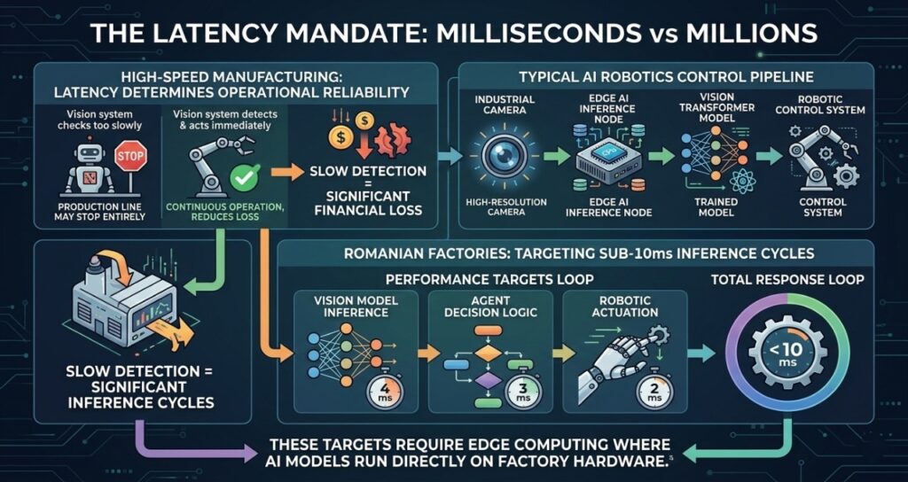 Infographic titled "The Latency Mandate: Milliseconds vs Millions," illustrating an industrial AI robotics control pipeline. It details a sub-10ms response loop required for Romanian factories, breaking down latency into vision model inference (4ms), agent decision logic (3ms), and robotic actuation (2ms) to prevent production halts and financial loss.
