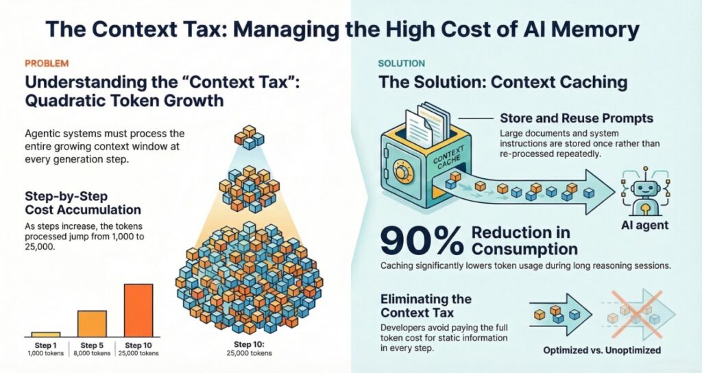 A comparative infographic titled "The Context Tax: Managing the High Cost of AI Memory." The left "Problem" side illustrates "Quadratic Token Growth" using a massive, growing pyramid of orange and blue 3D cubes to represent step-by-step cost accumulation. The right "Solution" side titled "Context Caching" shows a safe labeled "Context Cache" efficiently storing and reusing prompts to deliver a "90% Reduction in Consumption." A small robot icon is shown receiving a streamlined, optimized flow of data cubes.