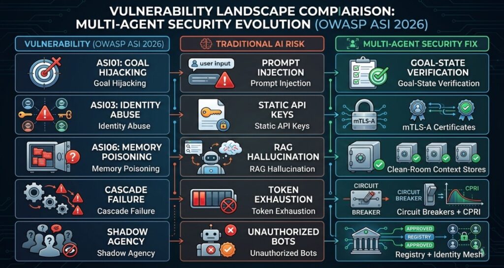 A high-level 16:9 security infographic titled "Vulnerability Landscape Comparison: Multi-Agent Security Evolution (OWASP ASI 2026)." It features a comparative grid across three columns:Vulnerability (OWASP ASI 2026): Lists critical threats like Goal Hijacking, Identity Abuse, and Memory Poisoning.Traditional AI Risk: Shows legacy issues such as Prompt Injection, Static API Keys, and RAG Hallucination.Multi-Agent Security Fix: Details modern 2026 solutions including Goal-State Verification, mTLS-A Certificates, Clean-Room Context Stores, and Circuit Breakers with CPRI.
The design uses a technical dark-mode aesthetic with color-coded icons (red for risks, green for fixes) to illustrate the transition from vulnerable AI models to resilient agentic architectures.