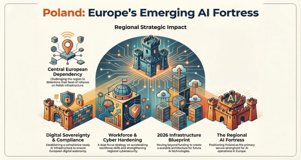 A strategic infographic titled "Poland: Europe’s Emerging AI Fortress," detailing the country's regional strategic impact on AI. It features a central castle graphic connected to four key themes:Central European Dependency: Challenging the region to determine reliance on Polish infrastructure.Digital Sovereignty & Compliance: Establishing compliance-ready AI infrastructure for European digital autonomy.Workforce & Cyber Hardening: A dual strategy focusing on workforce skills and regional cybersecurity.2026 Infrastructure Blueprint: Moving beyond funding to create a scalable architecture for future AI technologies.
The final graphic represents "The Regional AI Fortress," positioning Poland as a primary secure stronghold for European AI operations.