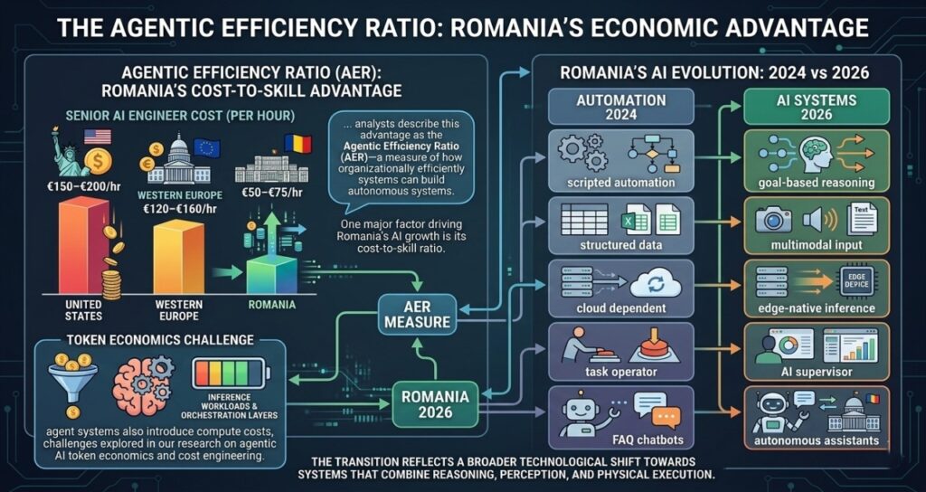 Infographic comparing Romania’s AI costs to the US and Western Europe to define the Agentic Efficiency Ratio (AER), alongside a 2024 vs. 2026 evolution chart showing the shift from scripted automation to goal-based reasoning and edge-native inference.