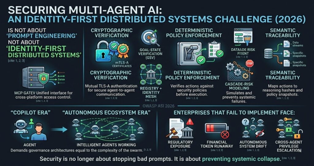 A 16:9 technical infographic titled "Securing Multi-Agent AI: An Identity-First Distributed Systems Challenge (2026)." The visual contrasts the "Copilot Era" (human-to-agent) with the "Autonomous Ecosystem Era" (complex agent-to-agent swarms). It highlights three core pillars: Cryptographic Verification (mTLS-A and Identity Mesh), Deterministic Policy Enforcement (GSV and Cascade-Risk Modeling), and Semantic Traceability. A bottom section warns that failure to implement these results in Regulatory Exposure, Financial Token Runaway, and System Drift. The footer concludes: "Security is no longer about stopping bad prompts. It is about preventing systemic collapse."