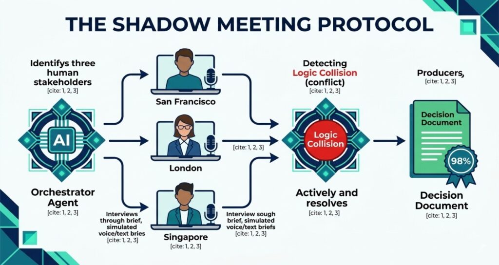 Illustrative diagram of "The Shadow Meeting Protocol" showing an AI Orchestrator Agent interviewing global stakeholders asynchronously. It visualizes the automated detection of logic collisions and the generation of a 98% consensus decision document without a live meeting.