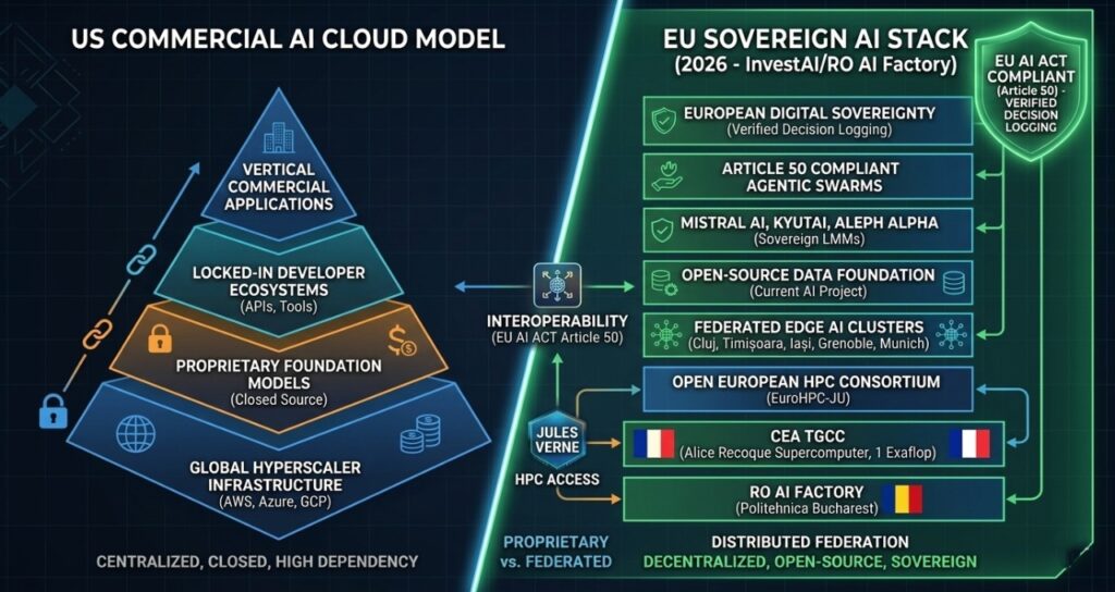 Visualizing the Sovereign AI Stack (2026): A comparative analysis of the centralized US Commercial Model vs. the distributed EU Sovereign Stack. The InvestAI initiative routes capital not into single hyperscale data centers, but into a resilient federation of open-source datasets (via Current AI Foundation) and sovereign exascale computing (the Alice Recoque system at CEA/Jules Verne consortium). By moving beyond proprietary US APIs, this architecture enables the deployment of high-risk, Article 50-compliant agentic swarms while ensuring Verified Decision Logging across the European data campus network.