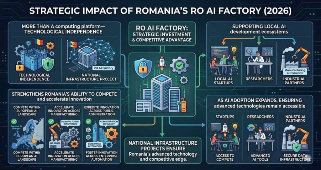 Infographic detailing the RO AI Factory as a national infrastructure project for Romania, highlighting its role in technological independence, local startup support, and accelerating innovation in manufacturing and public