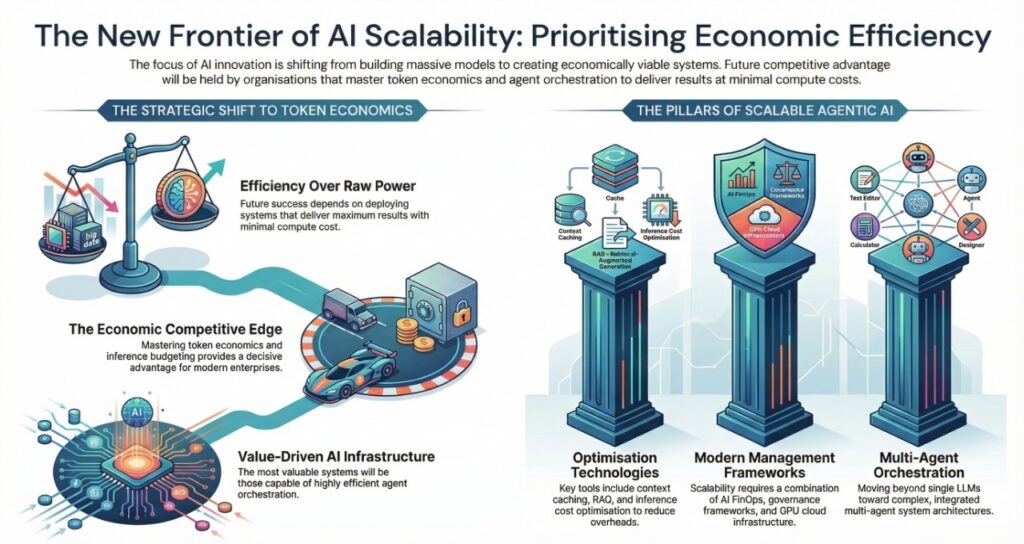 A detailed technical infographic titled "The New Frontier of AI Scalability: Prioritising Economic Efficiency." The left side, "The Strategic Shift to Token Economics," shows a road leading from a data center toward a scale and a vault, symbolizing a move toward value-driven infrastructure. The right side, "The Pillars of Scalable Agentic AI," features three tall, glowing blue columns labeled "Optimisation Technologies," "Modern Management Frameworks," and "Multi-Agent Orchestration." Various icons for cache, context, and specialized agent roles (Text Editor, Calculator, Designer) float above the pillars.