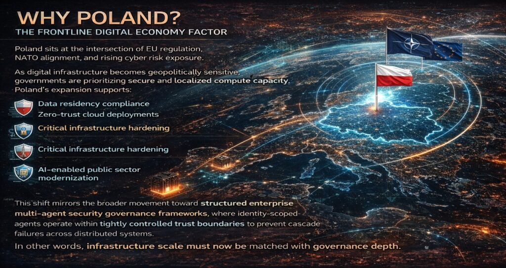 16:9 infographic titled “Why Poland? The Frontline Digital Economy Factor,” showing a glowing map of Poland at the center of Europe with EU and NATO flags, highlighting data residency compliance, zero-trust cloud deployments, critical infrastructure hardening, and AI-enabled public sector modernization within a secure digital governance framework.