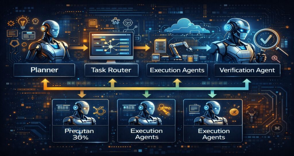 This infographic visualizes the architecture of an agentic AI system. The diagram shows how a planner agent analyzes tasks, a task router distributes work to specialized execution agents, and a verification agent validates outputs. The architecture highlights how autonomous AI workflows operate in enterprise environments and how multiple agents collaborate to complete complex tasks efficiently.