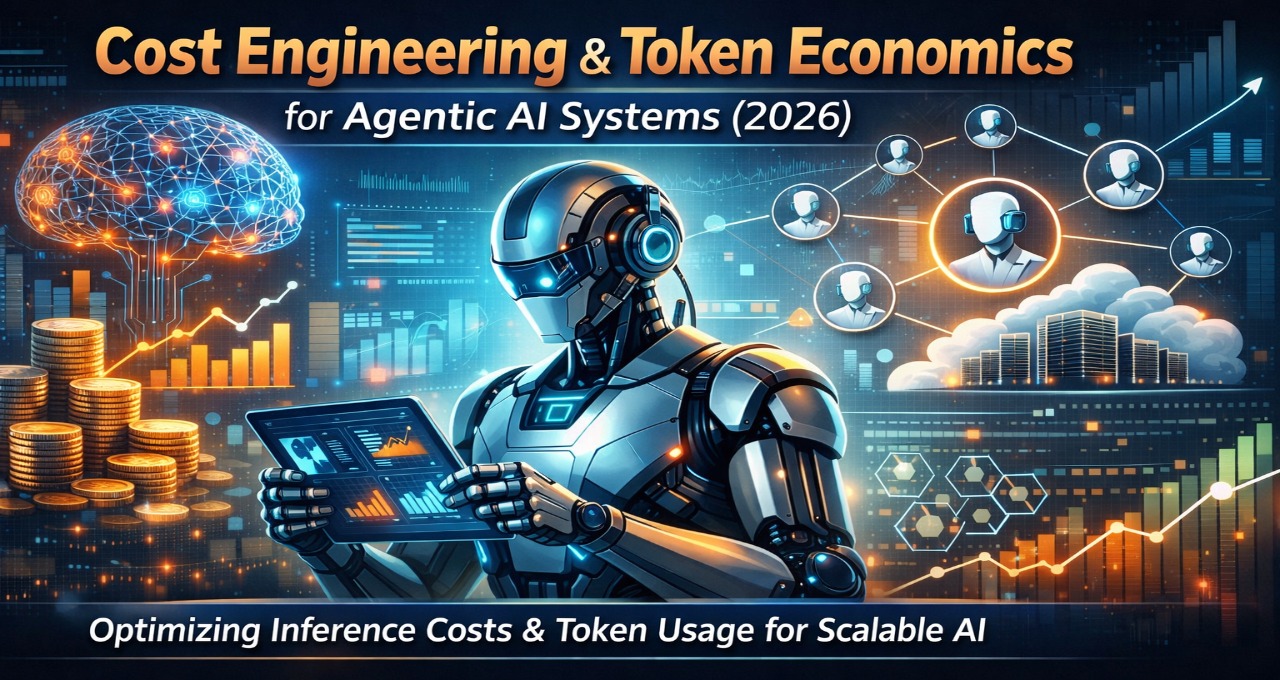Illustration of agentic AI cost engineering with token economics dashboard, multi-agent networks, and inference cost optimization charts.