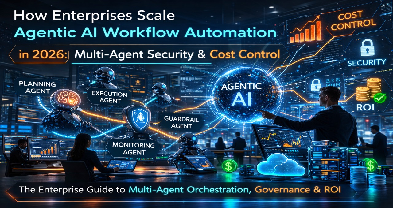 Enterprise Agentic AI workflow automation architecture diagram showing multi-agent orchestration, governance guardrails, state persistence layer, and cost optimization in 2026 enterprise systems