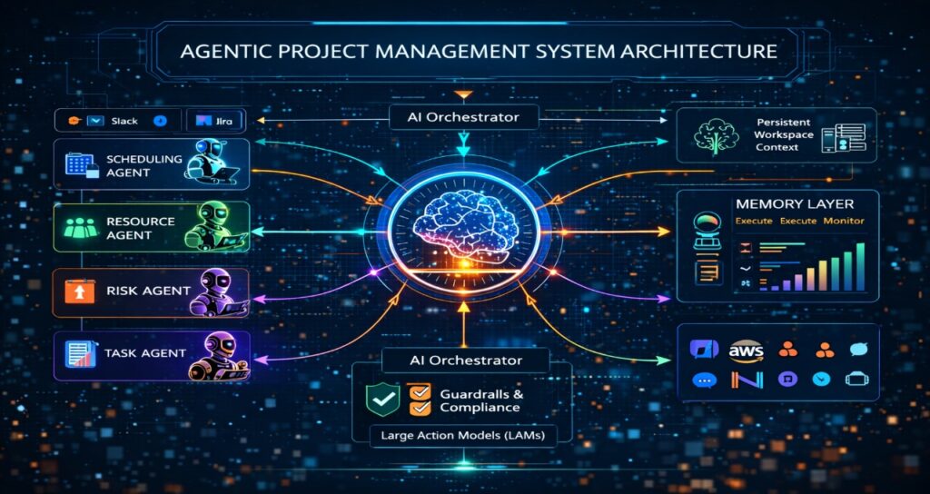 Architecture diagram of an AI agent project management system showing an AI orchestrator coordinating scheduling, resource, risk, and task agents across enterprise tools.