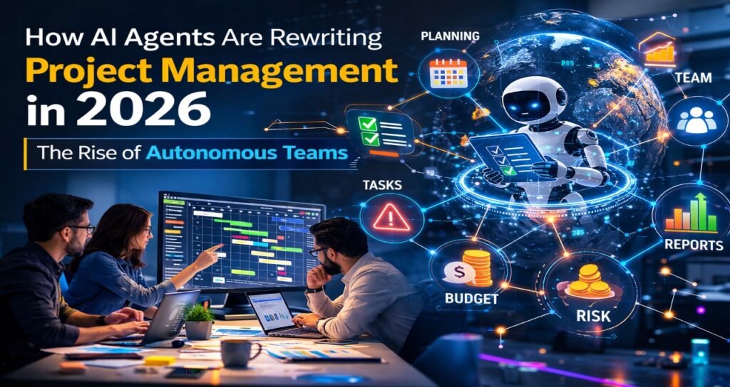 AI agents managing project workflows including scheduling, task allocation, risk prediction, and reporting in a modern autonomous project management system