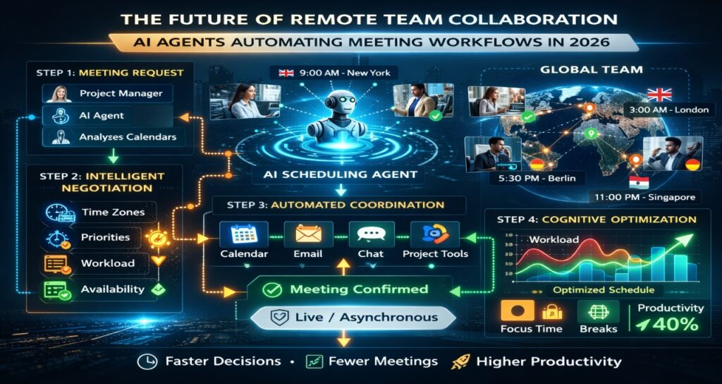 Infographic showing cognitive load scheduling where AI tools analyze workload, meetings, and focus time to create optimized work schedules for remote teams.