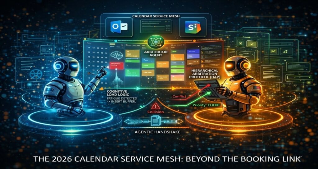 Infographic showing the calendar service mesh architecture where AI agents automatically negotiate meeting schedules across tools like Slack, Jira, Outlook, and Motion.