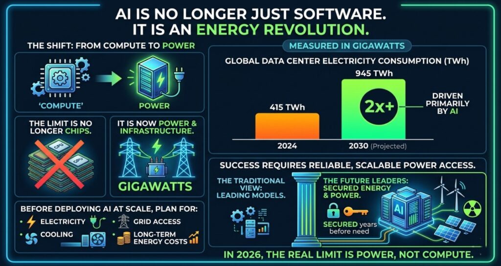 "A tech-focused infographic titled 'AI is No Longer Just Software, It is an Energy Revolution.' It features a bar chart showing global data center electricity consumption doubling from 415 TWh in 2024 to a projected 945 TWh by 2030. The visual contrasts 'Compute' with 'Power' as the new bottleneck and lists electricity, cooling, grid access, and long-term costs as essential planning factors for scaling AI."