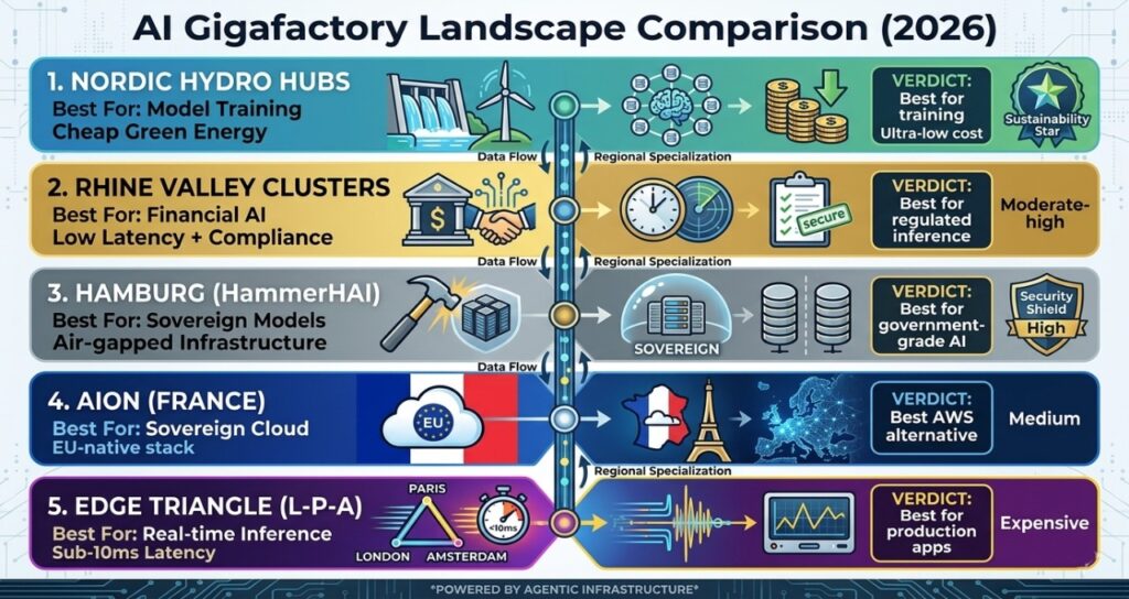 A comprehensive 16:9 infographic titled "AI Gigafactory Landscape Comparison (2026)" comparing five key European data hubs.Nordic Hydro Hubs: Best for model training with cheap green energy and ultra-low costs.Rhine Valley Clusters: Best for financial AI, featuring low latency and high compliance.Hamburg (HammerHAI): Best for sovereign, government-grade models with air-gapped infrastructure.AION (France): Best AWS alternative with an EU-native sovereign cloud stack.Edge Triangle (London-Paris-Amsterdam): Best for production apps requiring real-time inference and sub-10ms latency.
The design uses a clean, segmented horizontal layout with specialized icons for each region and a central "Data Flow" axis.