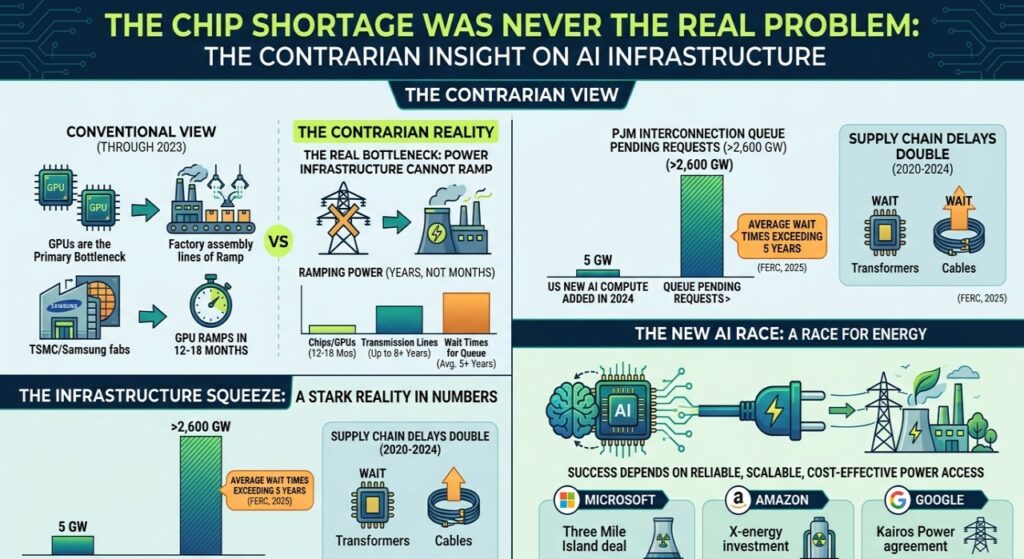 "Infographic titled 'The Chip Shortage Was Never the Real Problem,' comparing the 12-18 month ramp-up time for GPUs against the 5-8 year wait for power infrastructure. It highlights the massive gap between the 5GW of AI compute added in 2024 versus the 2,600GW pending in the PJM queue, and lists energy investments by Microsoft, Amazon, and Google as competitive infrastructure moves."
