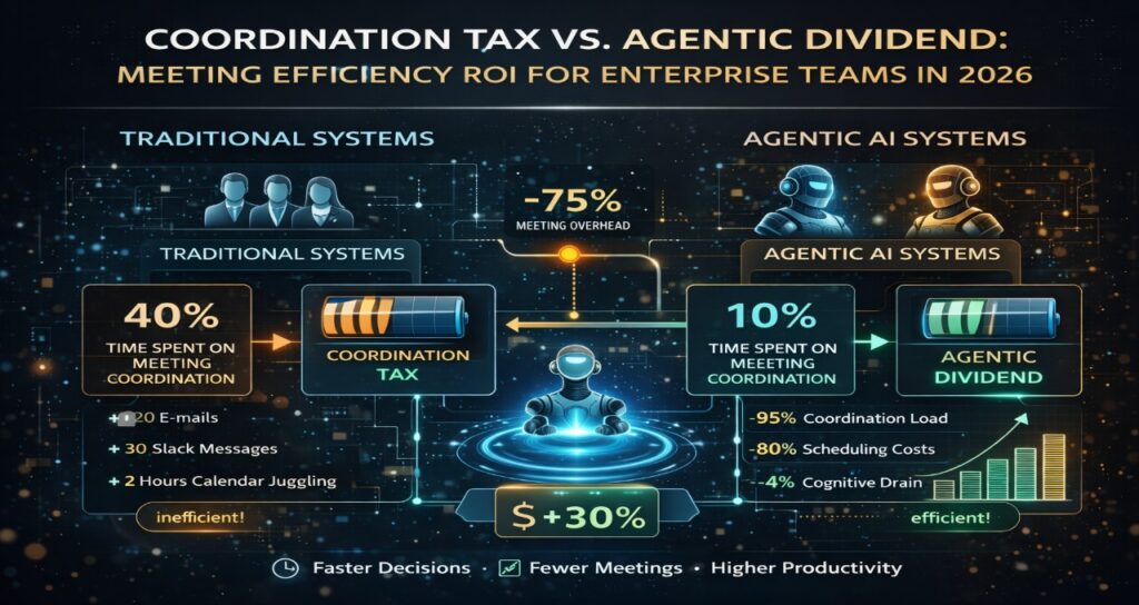 Infographic comparing traditional meeting coordination with AI scheduling agents showing reduction in coordination time from 40 percent to 10 percent.
