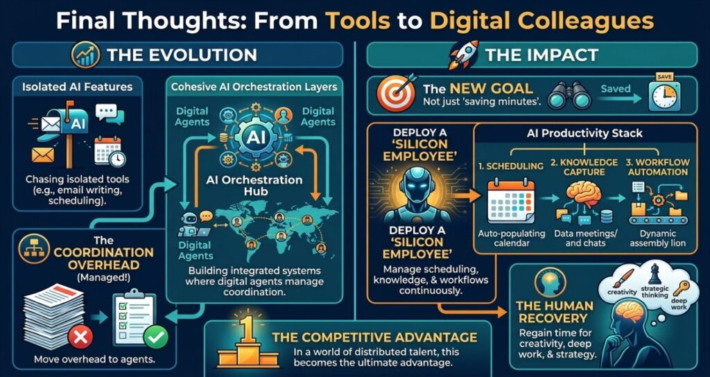 A professional 16:9 infographic titled "Final Thoughts: From Tools to Digital Colleagues." It compares "The Evolution" of isolated AI tools to "The Impact" of a cohesive "AI Productivity Stack." The visual features a central "Silicon Employee" robot icon managing scheduling and knowledge capture, alongside a "Human Recovery" section illustrating how automation allows teams to reclaim time for creativity, strategic thinking, and deep work.