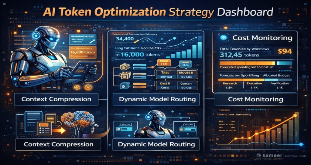 This infographic illustrates a token optimization strategy dashboard for agentic AI systems. The visual highlights three key cost-engineering techniques used in enterprise AI deployments: context compression to reduce memory token usage, dynamic model routing to assign tasks to efficient AI models, and real-time cost monitoring dashboards that track token consumption across workflows. The diagram represents how organizations manage AI inference costs while scaling autonomous multi-agent systems.