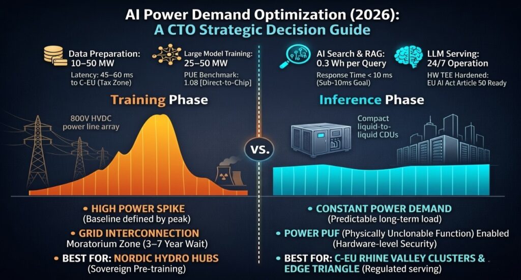 Strategic infographic comparing AI training power spikes vs inference power baselines for 2026 data center planning.