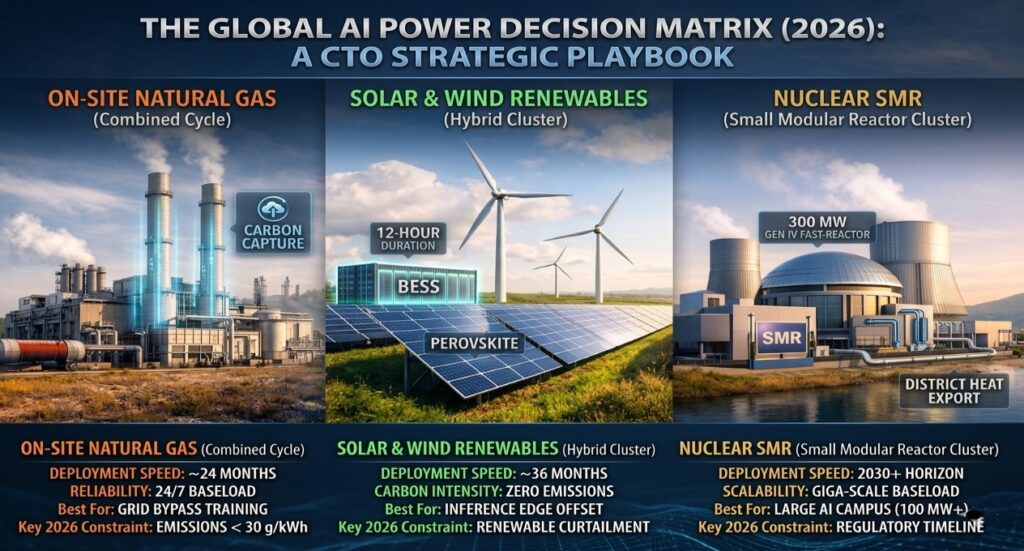 Comparison of Natural Gas, Solar-BESS, and Nuclear SMR power sources for AI infrastructure with deployment timelines.