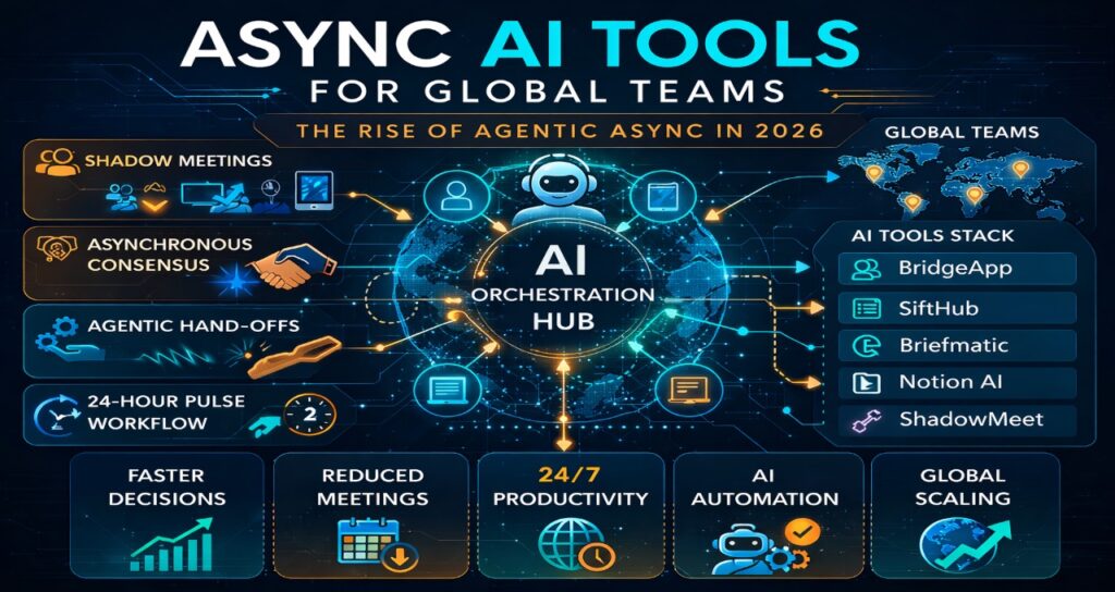 Async AI tools architecture showing agentic async hub coordinating shadow meetings, asynchronous consensus, and AI agent hand-offs for global teams in 2026