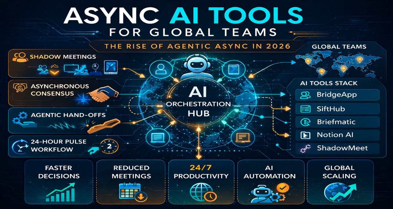 Async AI tools architecture showing agentic async hub coordinating shadow meetings, asynchronous consensus, and AI agent hand-offs for global teams in 2026