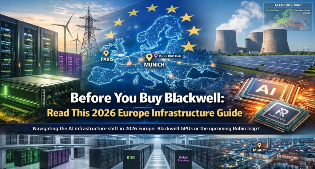 Before You Buy Nvidia Blackwell Europe 2026 infrastructure guide featured image showing EU AI data centers, power grid, and AI chip