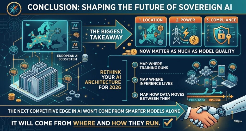 A final 16:9 infographic titled "Conclusion: Shaping the Future of Sovereign AI." It illustrates the strategic shift where Location, Power, and Compliance matter as much as model quality. The graphic features a roadmap for 2026: 1. Map where training runs, 2. Map where inference lives, and 3. Map how data moves between them. The visual includes a map of the European AI ecosystem and a data center, concluding with a powerful message: "The next competitive edge in AI won’t come from smarter models alone—it will come from where and how they run." The design uses a professional tech aesthetic with teal and gold highlights.