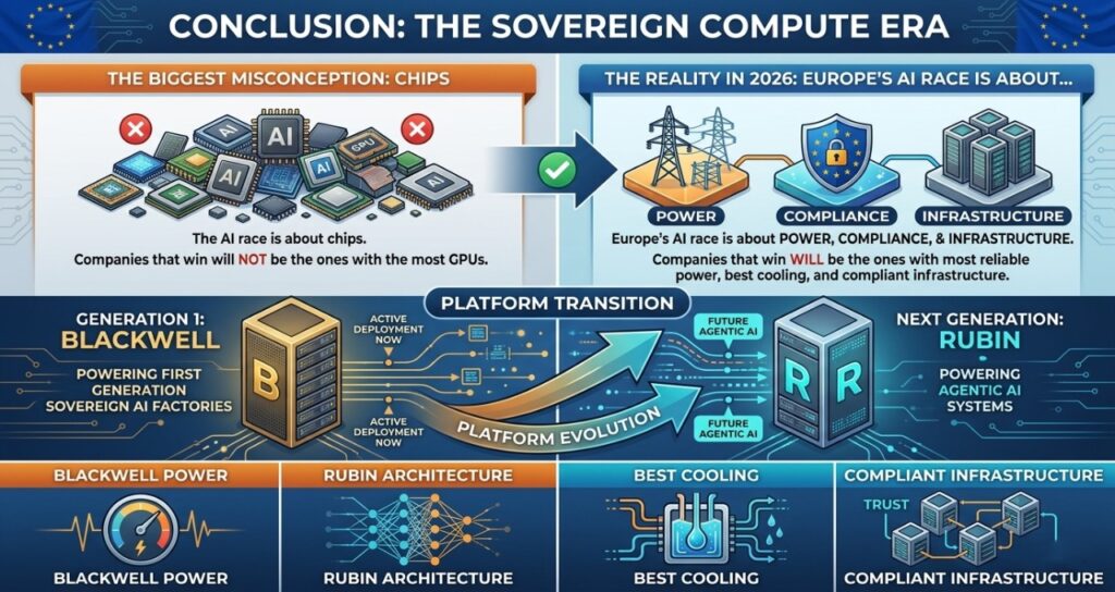 A comprehensive 16:9 infographic titled "Conclusion: The Sovereign Compute Era." The graphic contrasts the biggest misconception (the AI race is about chips) with the reality in 2026: Europe's AI race is actually about power, compliance, and infrastructure. It depicts a platform transition, showing Generation 1: Blackwell powering first-generation sovereign AI factories with active deployment now, and Generation 2: Rubin powering next-generation agentic AI systems for the future. The design uses a dark-blue aesthetic with cyan, orange, and gold highlights, featuring specialized icons for power, compliance, cooling, and network architecture.