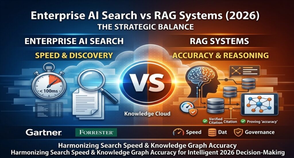 Enterprise AI Search vs RAG Systems comparison showing speed vs accuracy and discovery vs reasoning in 2026