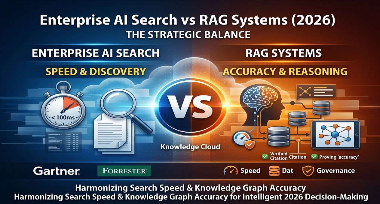 Enterprise AI Search vs RAG Systems comparison showing speed vs accuracy and discovery vs reasoning in 2026