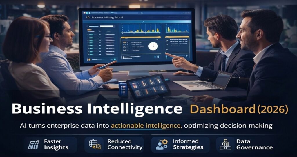 A high-tech business intelligence dashboard in 2026 showing real-time data analytics, faster insights, and data governance for enterprise decision-making.