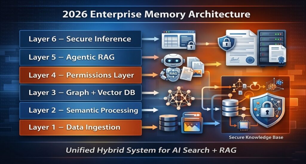 Enterprise RAG architecture diagram showing 6 layer memory system including ingestion, embeddings, graph database, permissions, agentic RAG, and secure inference