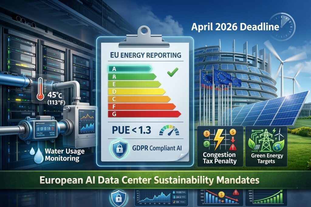 EU AI data center energy ratings April 2026 sustainability regulations infographic