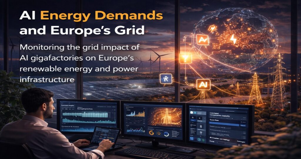 European energy grid powering AI gigafactories with wind turbines and solar infrastructure in 2026