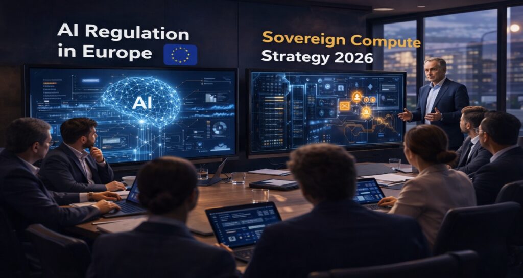European policymakers discussing AI regulation and sovereign compute strategy in 2026