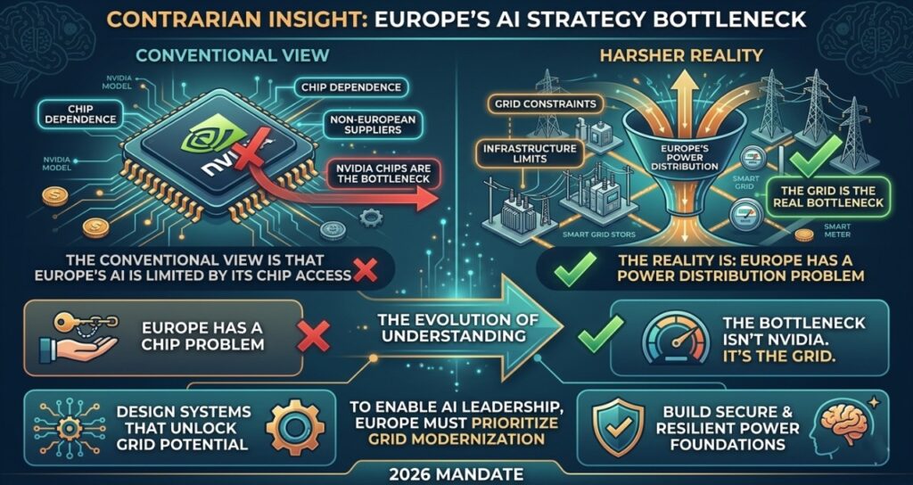 A technical 16:9 infographic titled "Contrarian Insight: Europe's AI Strategy Bottleneck." It contrasts the "Conventional View" with the "Harsher Reality." On the left, it shows an Nvidia chip with a red "X," debunking the idea that chip dependence is the primary limit. On the right, it depicts a power distribution funnel labeled "Europe’s Power Distribution," showing a bottleneck caused by grid constraints and infrastructure limits. Key takeaways include: "The bottleneck isn't Nvidia. It's the grid" and "To enable AI leadership, Europe must prioritize grid modernization." The design uses a dark-blue aesthetic with teal, gold, and orange highlights.
