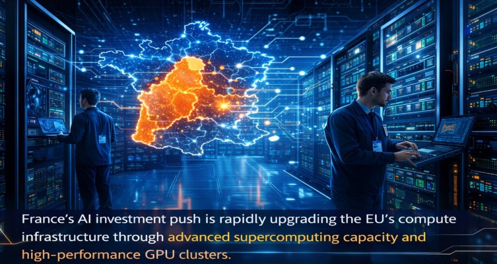 A modern AI data center environment featuring GPU clusters and high-performance computing systems designed to strengthen Europe’s sovereign compute ecosystem and reduce reliance on foreign hyperscalers.