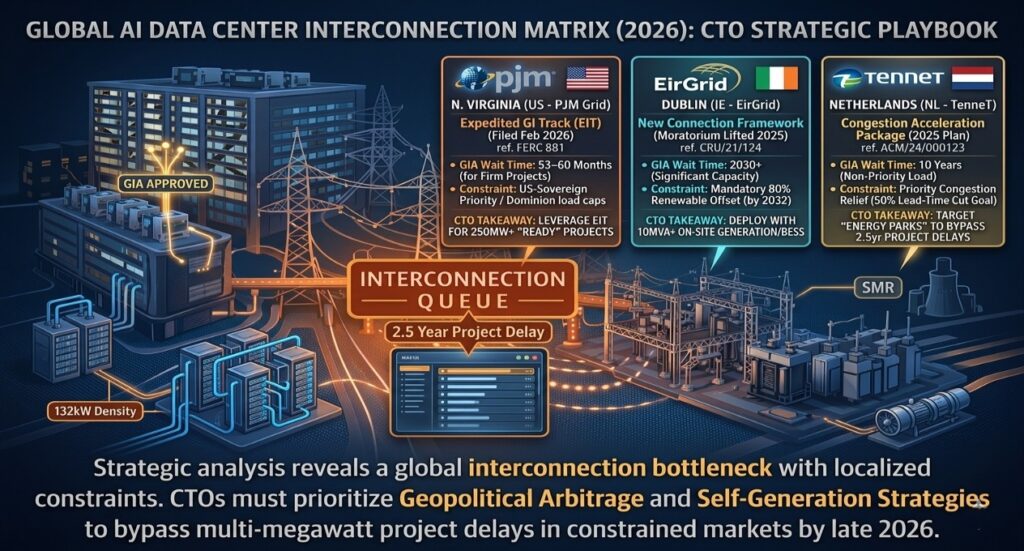 2026 Global grid interconnection wait times for Northern Virginia, Dublin, and the Netherlands including FERC 881 data.