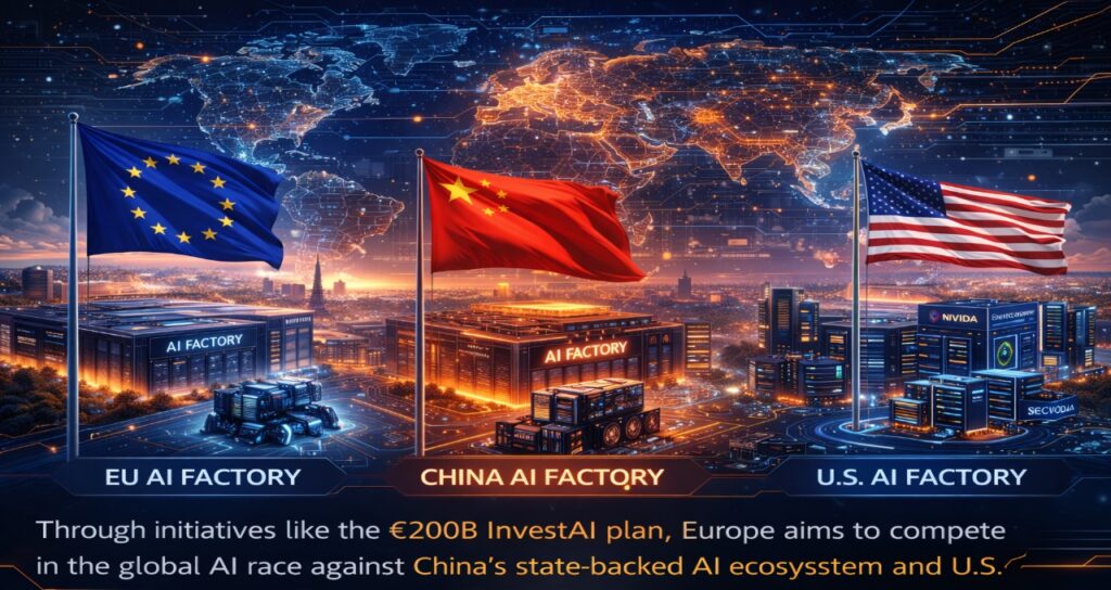 Global AI race between Europe, the United States, and China with competing AI factories and compute infrastructure