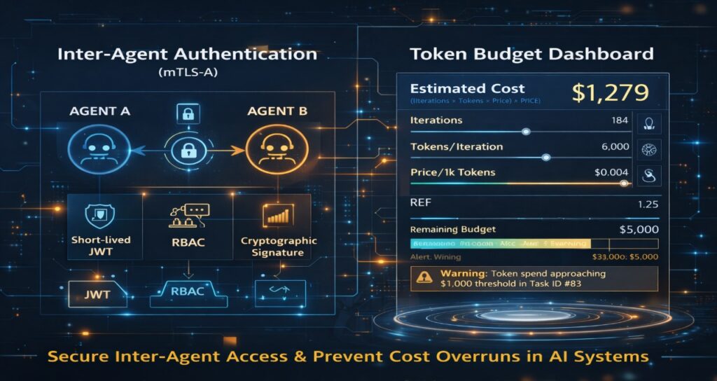Enterprise AI token budgeting dashboard showing iteration count, token consumption, estimated cost, RBAC verification, and short-lived JWT authentication for multi-agent workflows