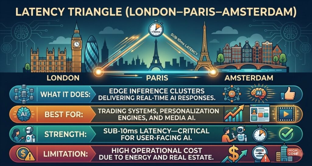 A professional 16:9 infographic titled "Latency Triangle (London–Paris–Amsterdam)." The visual features a glowing triangle connecting the skylines of London, Paris, and Amsterdam, with a "Sub-10ms Latency" timer at the apex. A detailed breakdown below explains:What it does: Edge inference clusters delivering real-time AI responses.Best for: Trading systems, personalization engines, and media AI.Strength: Sub-10ms latency—critical for user-facing AI.Limitation: High operational cost due to energy and real estate.
The design uses a sleek, dark-blue tech aesthetic with gold and teal accents.