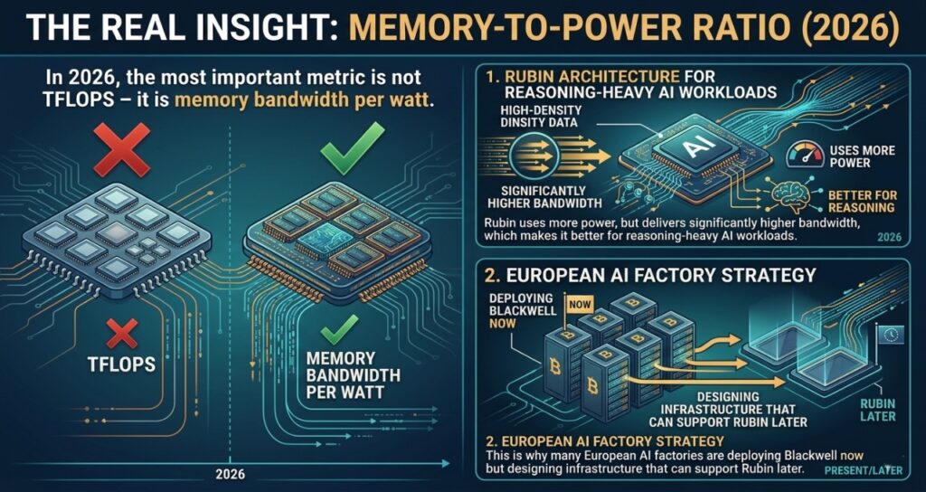 A technical 16:9 infographic titled "The Real Insight: Memory-To-Power Ratio (2026)." The graphic contrasts TFLOPS (marked with a red X) against the new priority metric: "Memory Bandwidth Per Watt" (marked with a green check).Rubin Architecture: Illustrates that while Rubin uses more power, it delivers significantly higher bandwidth, making it superior for reasoning-heavy AI workloads.European AI Factory Strategy: Shows a roadmap of data centers currently "Deploying Blackwell Now" while simultaneously "Designing Infrastructure that can support Rubin Later."
The design uses a dark-blue circuit-board background with vibrant cyan and gold accents.