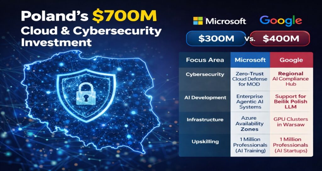 Comparison infographic of Microsoft and Google cloud and AI investment strategy in Poland 2026 showing infrastructure and cybersecurity focus areas.